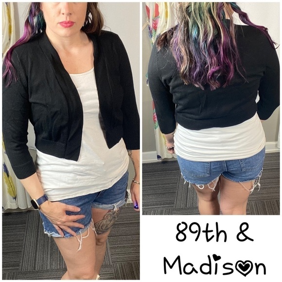 89th & Madison black open front knit sweater lightweight soft cozy 3/4 sleeve - Picture 1 of 9